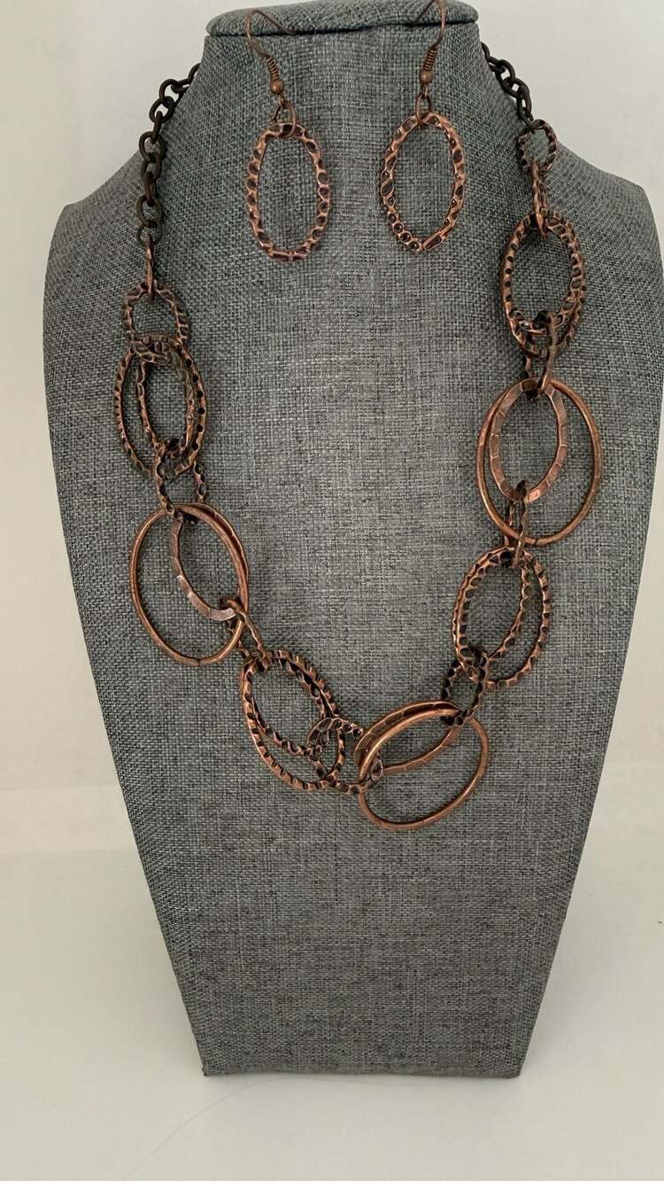 Copper-Tone Hammered Oval Link Statement Necklace & Matching Earrings Set